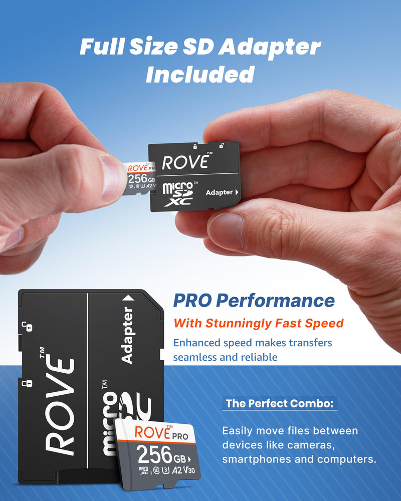 ROVE PRO Micro SD Card microSDXC 256GB Memory Card with Full-Size SD Adapter 100MB/s Read Speed, C10, U3, V30, 4K, A2 for Dash Cam, Android Smart Phones, Tablets, Games