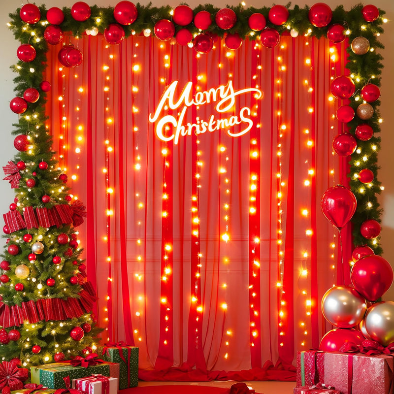 10×10ft Red Tulle Backdrop Curtain with Lights String for Parties, Sheer Curtain Backdrop Drapes for Wedding Party Photography Background