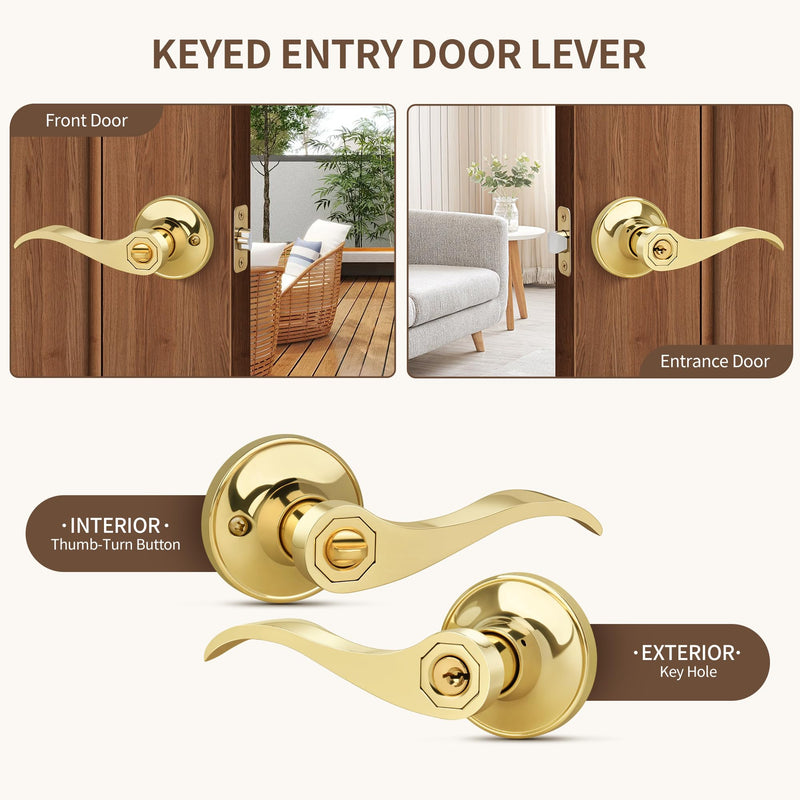 Moquin Wave Style Gold Door Handle with Lock and Key, Keyed Entry Brushed Gold Door Handles for Bedroom or Front Door, Polished Brass 1 Pack Keyed Entry-Lock & Key