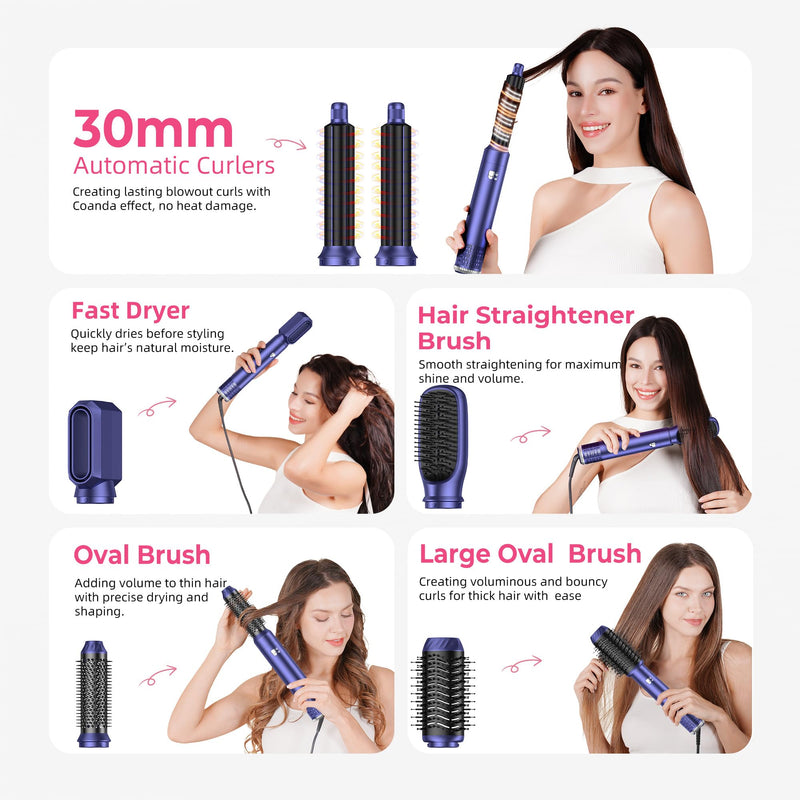 MogaWave Airbrush Hair Styler 6 in 1 Multi Styler, Magic Styler Air Styler, Blow Dry Hair Brush, Air Curler, Hair Dry Brush, Airstyler for Drying, Curling, All Hair Type/Length Blue