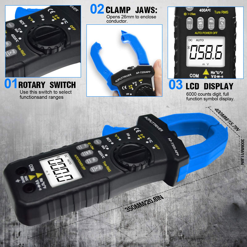 Digital Clamp Meter Bluetooth Clamp Multimeter ac dc amp Meter AP-7200APP Auto-ranging 6000 Counts Amp Meter Voltage Tester Measures Amperage, Volt, Capacitance, Continuity, Ohm Clamp-on Ammeter