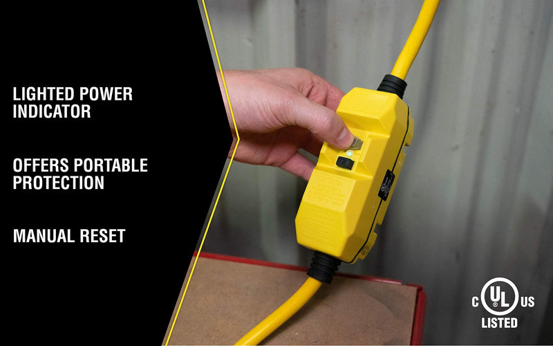 Southwire Yellow Jacket Heavy Duty Extension Cord with In-Line GFCI - 2 Ft - 12 Gauge - 3 Conductor - 15 AMP - Lighted End - 1 Outlet - SJTW - Yellow - 2817