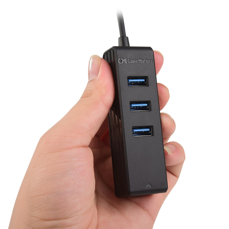 Cable Matters 4-in-1 USB Hub with Ethernet, Support Gigabit Network (USB 3.0 Hub Ethernet) with 10/100/1000Mbps Network, 3X 5Gbps USBA Ports in Black