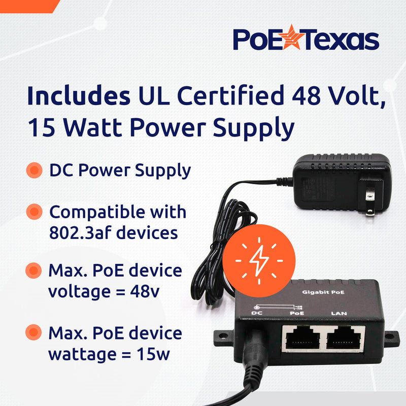Poe Texas PoE Injector - Single Port Power Over Ethernet Passive PoE Adapter - 10/100/1000 Gigabit Data - Includes 48V 15W Power Supply - Wall Mounting Plug & Play for Home Office, VoIP Phone, WiFi AP