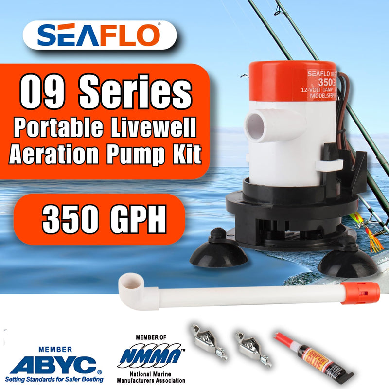 SEAFLO 09 Series Portable Livewell Aeration Pump Kit - 12V, 350 GPH, Submersible, Adjustable Spray Head, Quiet Operation, Corrosion-Resistant, Fresh/Saltwater Use, CE & RoHS Certified, 4-Year Warranty