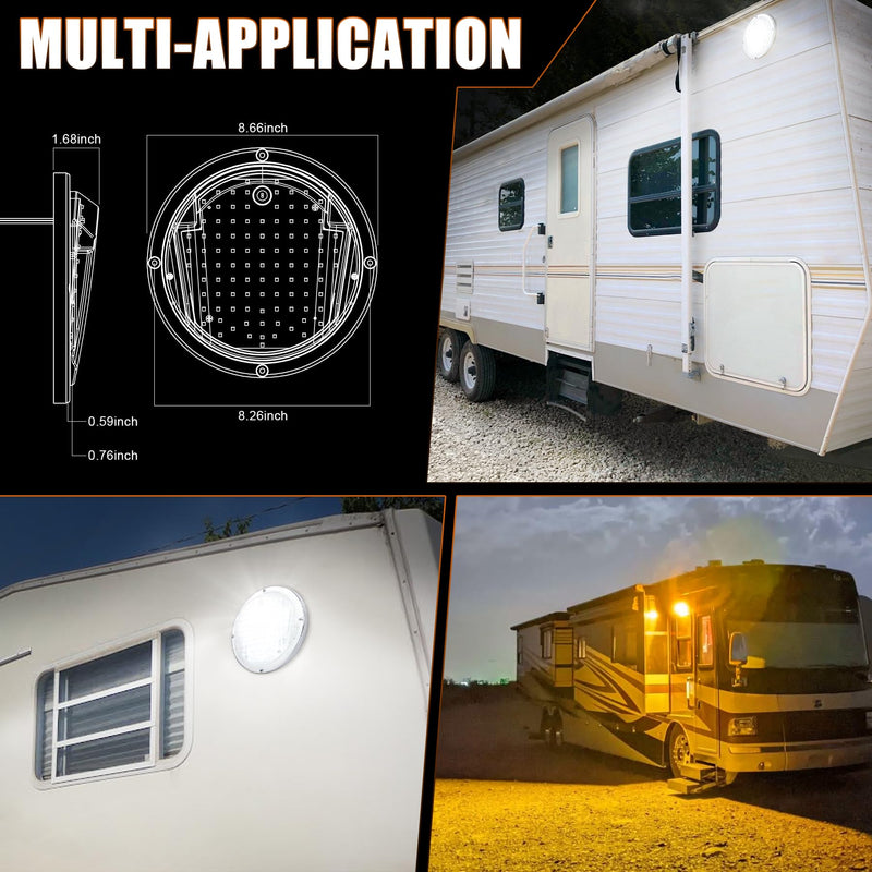 LED RV Exterior Light,8.5 Inch Round Scare Porch Light with 100pcs Dual Color Leds Flood Awning Light Replacement kit Surface Mount Fixture for RV Trailer Fifth Wheel Camper Bus