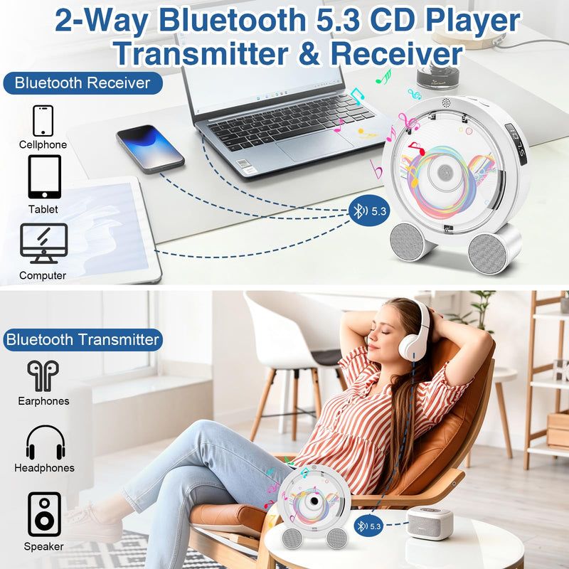 Portable CD Player with Bluetooth, Boombox Built-in 4000mAh Rechargeable Battery, FM Radio, 5 EQ Modes, Remote Control, Sleep Timer, AUX/USB – Compact Portable Radio, Great Gift for Kids, Family