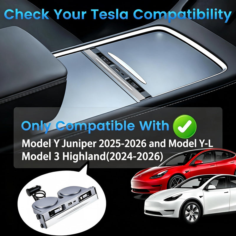 65W USB Hub Charger for Tesla Model Y Juniper & Model 3 Highland 2024-2026 | 4-in-1 Fast Hub with 2 Retractable USB-C Cables, Total 154W Phone Charger Center Console for Model Y Highland 2025-2026 for Model 3(2024-2026) and Model Y
