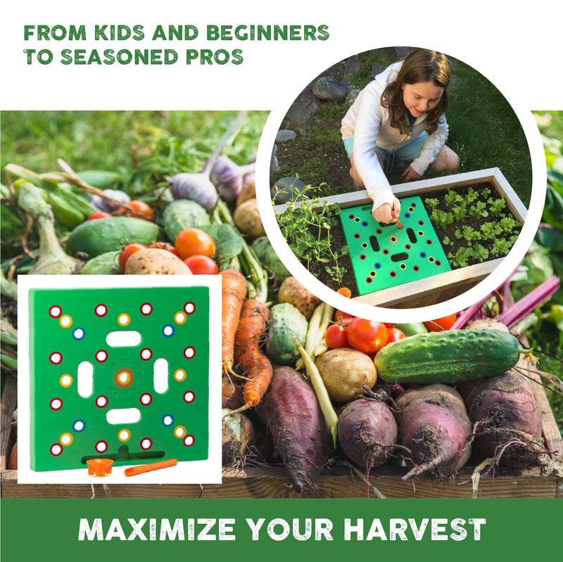 Seeding Square - Patented Seed and Seedling Spacer Tool for Bigger Harvests, Organized Plants & Fewer Weeds – Color-Coded Gardening Template with Dibber, Seed Spoon, Ruler & Planting Guide