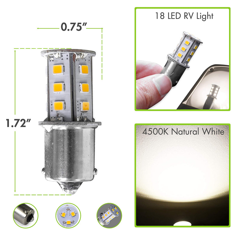 Leisure LED 4 Pack RV LED Light Bulbs 300LM Natural White 4000K 1156 1141 1003 1073 BA15S 18 SMD LED Replacement Light Bulbs for RV Indoor Lights 10-30V (Natural White 4000K, 4-Pack) 4 Count (Pack of 1)