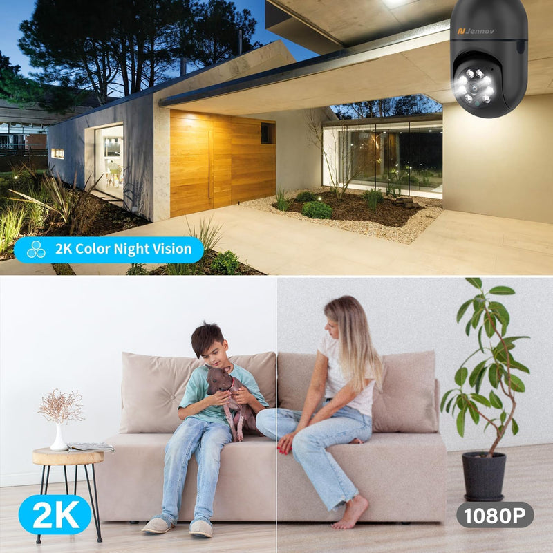 Jennov 2K Light Bulb Security Camera, Auto-Tracking Security Cameras Wireless Outdoor, 360° PTZ, Dual-Band WiFi (2.4G/5G), AI Human Detection, Indoor/Outdoor, E27 Socket-Powered, Compatible Alexa Black Light bulb Camera / 2PK