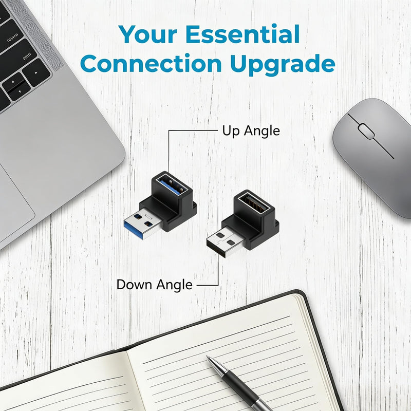90 Degree USB 3.2 Adapter Male to Female Interface, 2Pcs (Up Angle) | Transmission Rate Reaches 10 Gbps, Support 3A Charging Function, for Desktop Computers, Laptops, Mice, Keyboards, USB Charger UP Angle