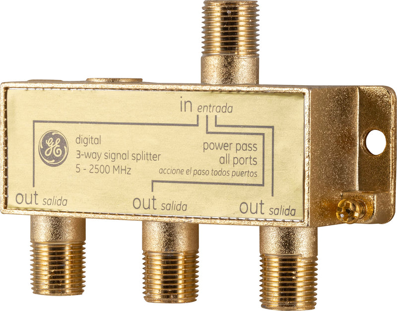 GE Digital 3-Way Coaxial Cable Splitter, 2.5 GHz 5-2500 MHz, RG6 Compatible, HD TV, Satellite, High Speed Internet, Amplifier, Antenna, Gold Plated Connectors, Corrosion Resistant, 73756 1 Pack