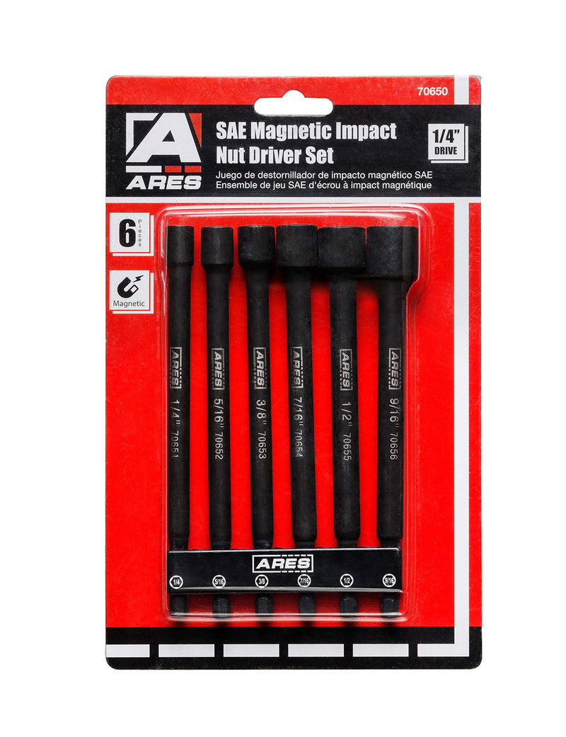 ARES 70650-6-Piece SAE Magnetic Impact Nut Driver Bit Set - Impact Grade Nut Setters with Industrial Strength Magnets 6pc SAE Magnetic Impact Nut Driver Set