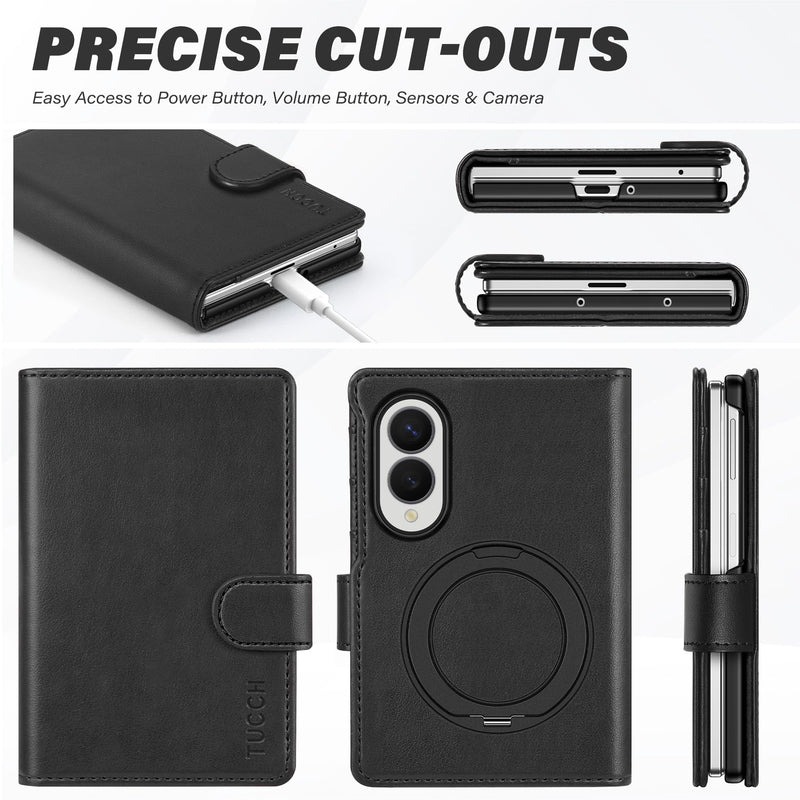TUCCH Wallet Case with Ring Stand for Galaxy Z Fold8 (7.6") 2026, Black | 3 Card Slots, RFID Blocking, Adjustable Kickstand, PU Leather, PC Shell, Magnetic Closure, Folio Flip Cover