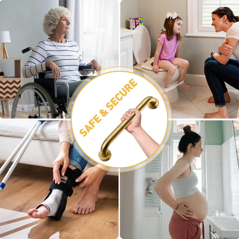 16 Inch Shower Grab Bar, 500 lb Heavy Duty Brushed Gold Stainless Steel Safety Rail for Bathtubs and Showers – Anti Slip Bathroom Grab Bar for Elderly Handicap Senior, Screw Mount Assist Handle 16 inch