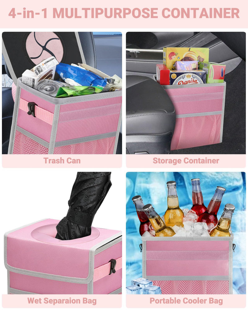 Capolo Car Trash Can with Lid, Leakproof Car Trash Bag Hanging Waterproof Automotive Garbage Can with Storage Pockets Mini Vehicle Trash Bin for Back/Front Seat(Pink,2.5 Gallon) 2.5 Gallons Pink