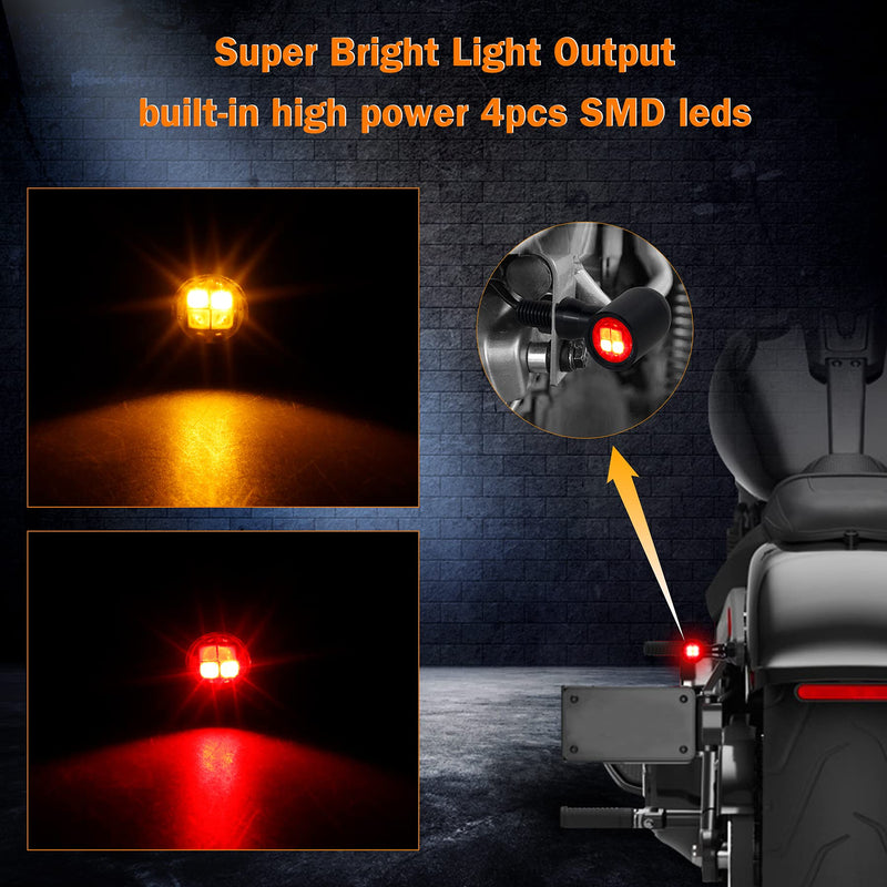 QUASCO Rear Motorcycle LED Turn Signals Universal Mini Size Brake Tail Light Blinkers Compatible with Harley Honda Kawasaki Suzuki Triumph Yamaha black with amber/red light