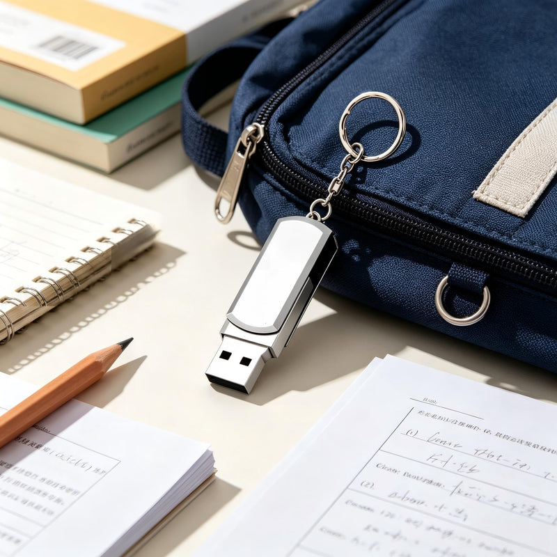 1Pcs 8GB Silver Sleek Swivel Metal USB Flash Drive with Keychain | Portable Compatible High-Speed