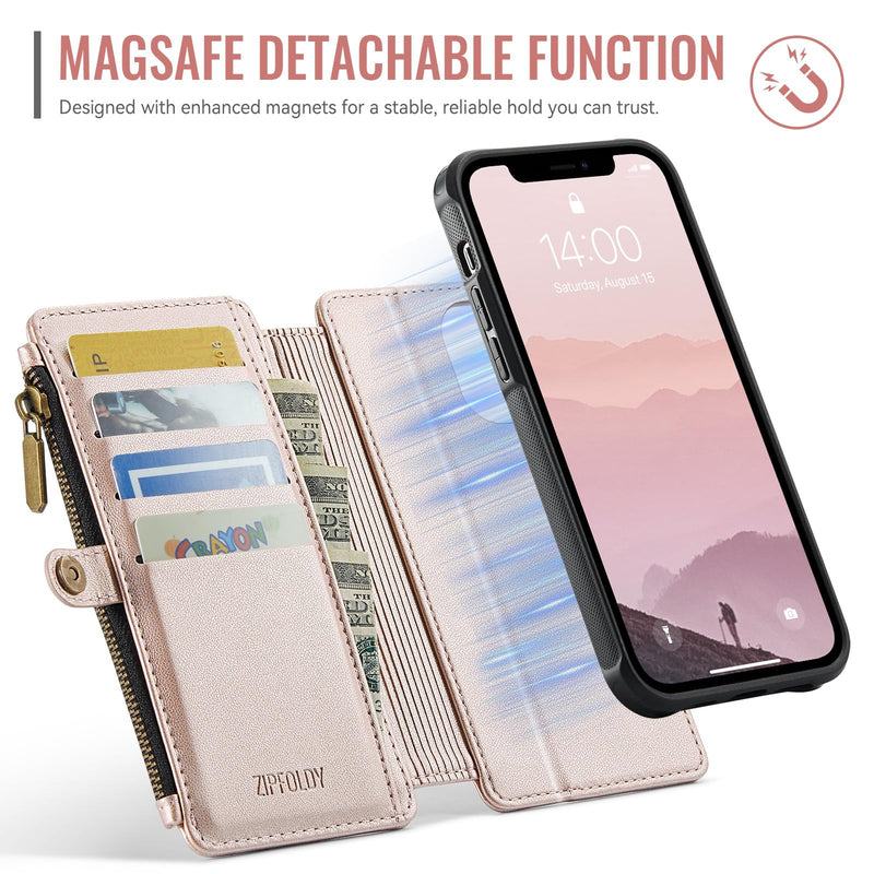 for iPhone 12/Pro - Phone Case Wallet Magnetic, Champagne Gold | Compatible with Magsafe, Detachable, RFID Blocking Card Holder, Zipper Pocket, Wrist Strap, for Women Men, Durable PU Leather iPhone 12 & 12 Pro