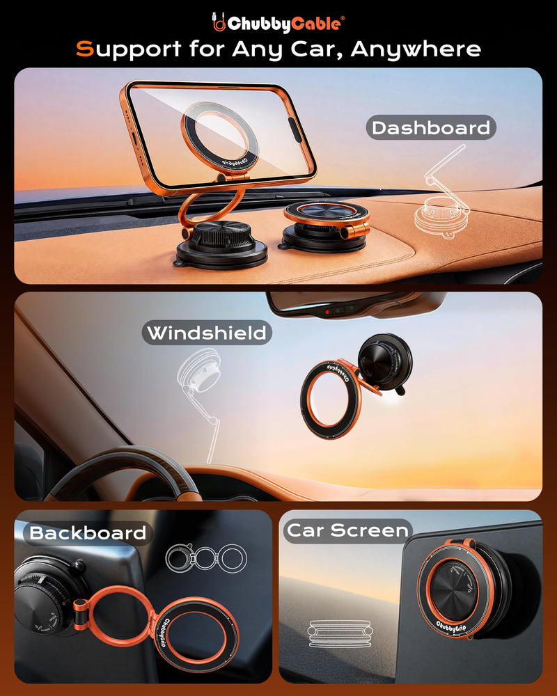 chubbycable Magnetic Car Phone Holder 360° Rotation with Vacuum Base | Foldable design with ultra-strong magnetic hold, vacuum suction base, compatible with MagSafe iPhone 12-17 series and Android Vacuum Base-Orange 1 Pack