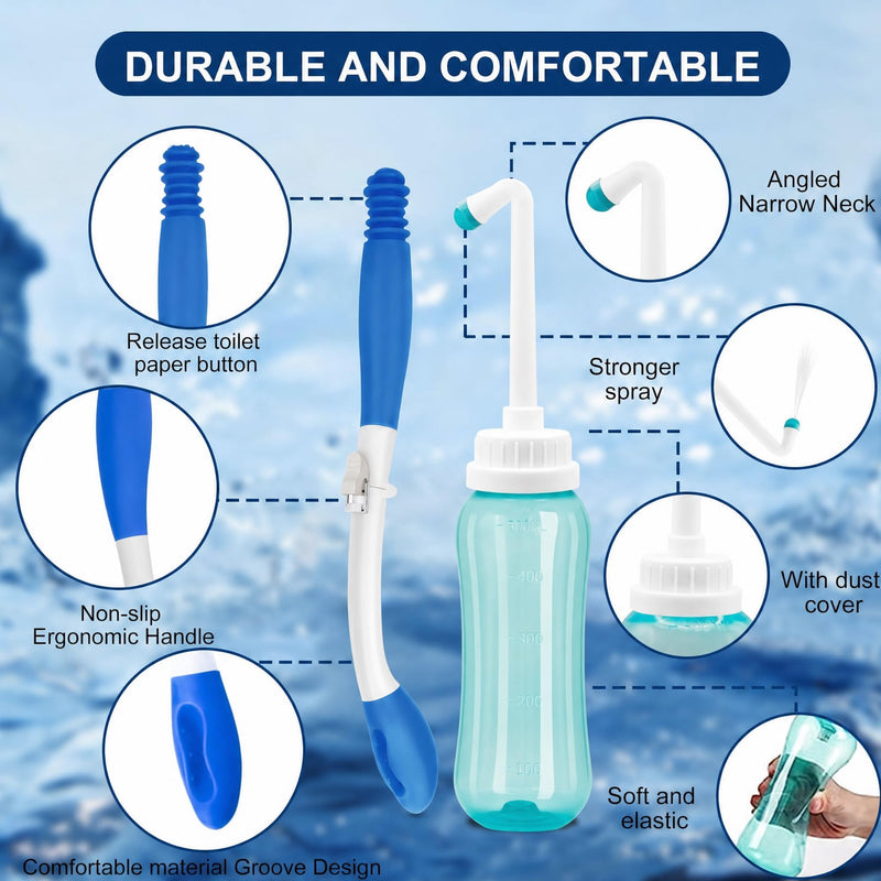 Foldable Toilet Aids Set for Wiping – 2PCS Personal Hygiene Kit with Collapsible Butt Wiper Tool & Dual-Nozzle Peri Bottle , Wiping Aid for Post-Surgery Recovery, Elderly and Travel Use (Blue, Ultra) Blue