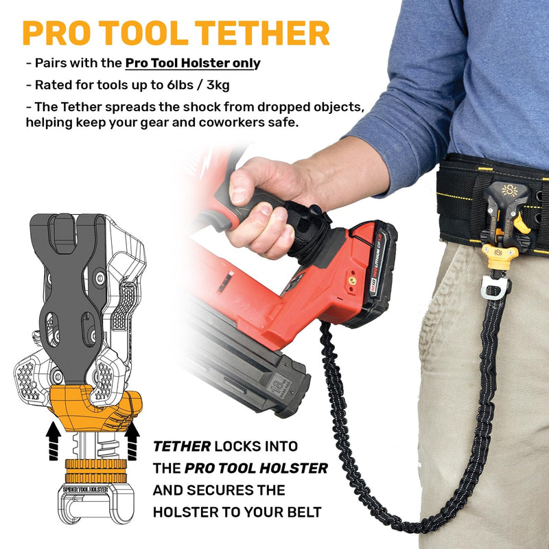 Spider Pro Tool Holster + Fall Prevention Tool Tether + 1 Pro Grip + 1 Drill Pin + 1 Adhesive Tab - Upgraded, Belt Mounted, Self Locking Holder System for Any Device
