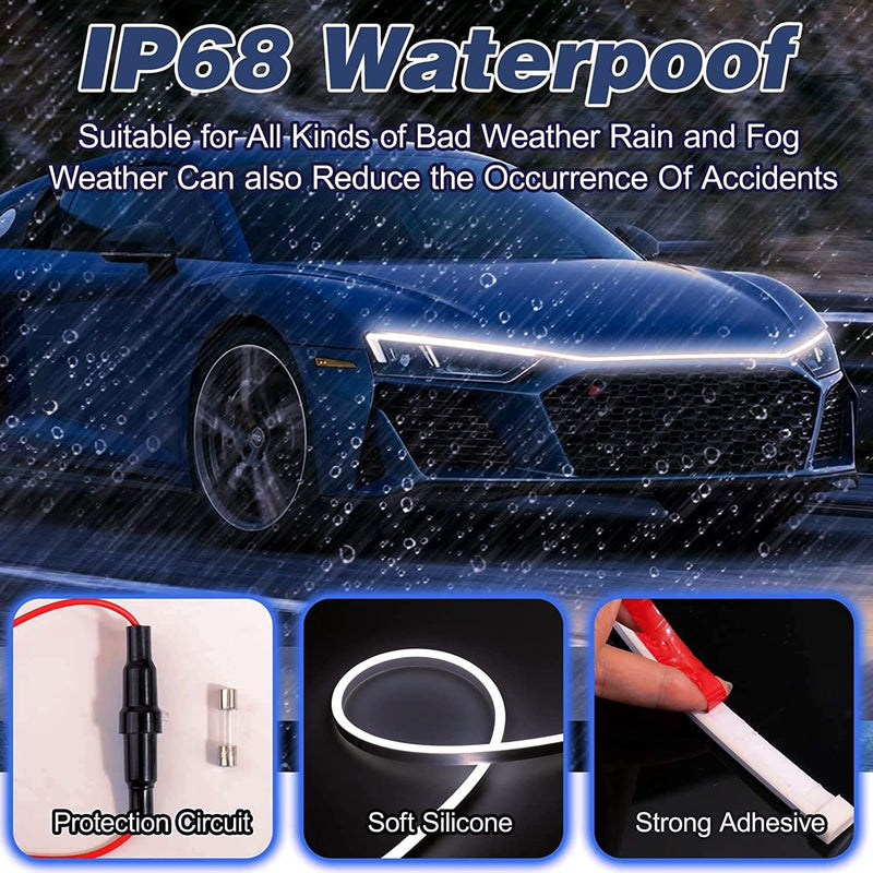 Car LED Hood Light Strip, 70 Inch 12V Flexible Waterproof Daytime Running Lights for Car, Universal Engine Cover Decoration Accessories for Cars, SUVs, Trucks, Dynamic Scan Start-up Effect (White) White 70 Inches