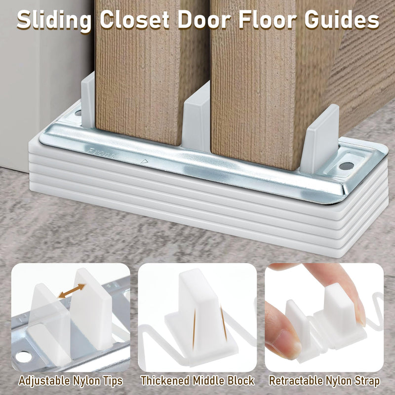 8 Pack Sliding Closet Door Floor Guides with Carpet Risers, Adjustable Sliding Closet Door Guide Fit 3/4'' to 1-3/8'' Thick Doors, White and Metallic (Metal) 8 Metal