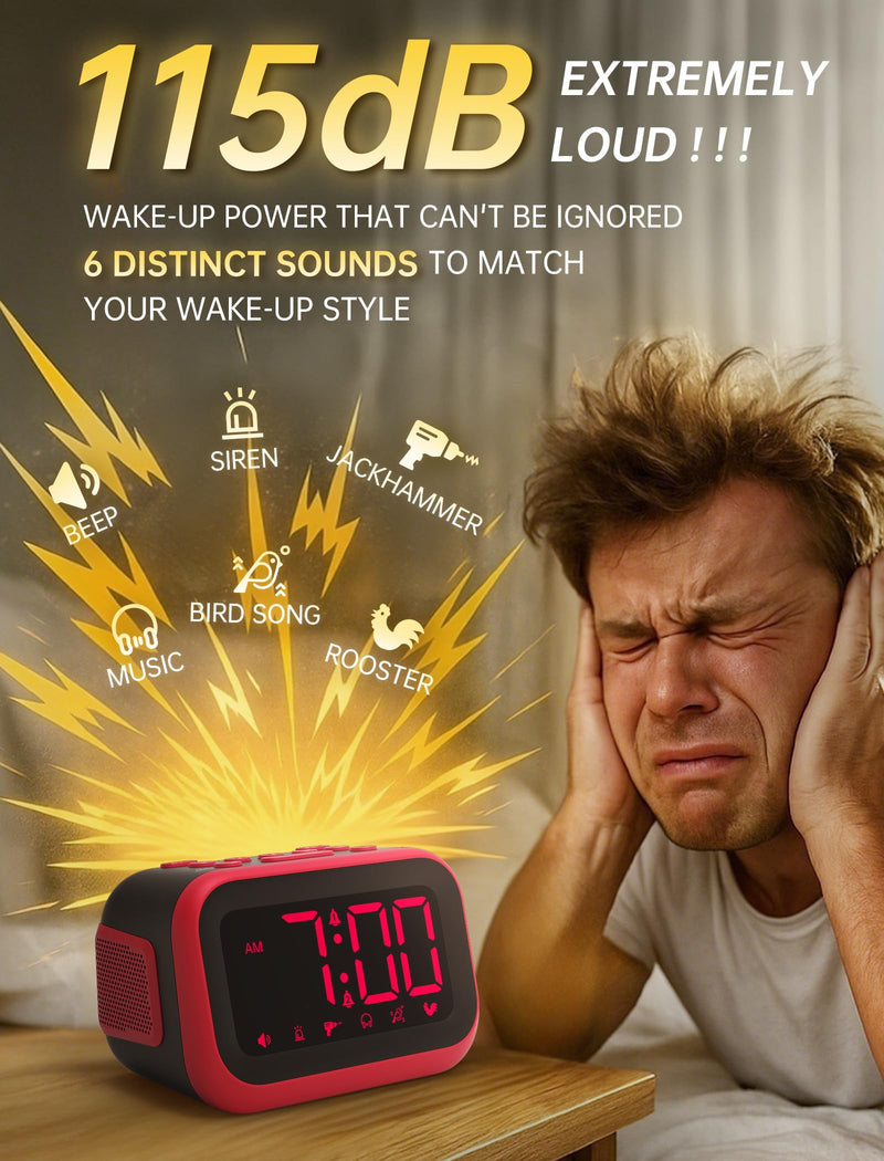 Loud Alarm Clock for Heavy Sleepers: 115dB Dual Alarms with 6 Unique Sounds for Bedroom Dorm Room Use - On-Time Wake Up for Teen College Students - Red Red - Red Digits