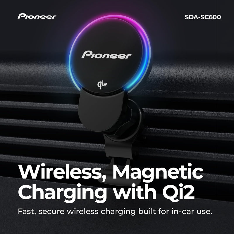 Pioneer Qi2 MagSafe Wireless Car Charger and Phone Mount | MagSafe Compatible, Air Vent Mount, Cooling Fan, RGB Illumination, Includes Metal Ring MagSafe Wireless Charger with Fan
