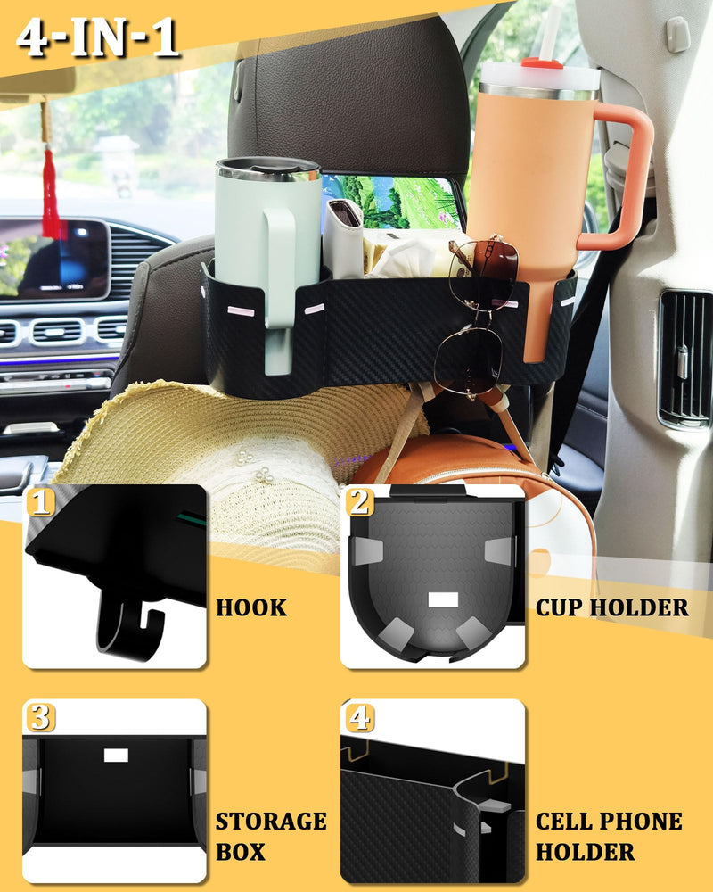 Car Headrest Backseat Cup Holder 3.7" with Organizer, High Capacity 4 in 1 Seat Back Organizer with Headrest Hooks, Multifunctional Storage for Car Travel Accessories Compatible with Most Vehicles 1 PACK GREY+BLACK