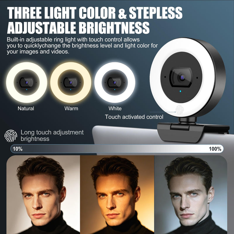 4K Webcam with Ring Light, PDAF Autofocus Web Camera for Desktop Computer | SIWOTECH Streaming Camera, 4K Webcam for PC, Built-in Privacy Cover, Dual Omnidirectional Mics, USB Plug-and-Play for Zoom
