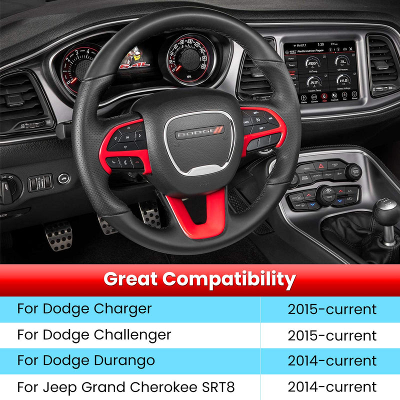 Steering Wheel Cover Trim Interior Accessories Decoration Kit for 2015-2024 Dodge Challenger Charger, for 2014-2024 Dodge Durango & Jeep Grand Cherokee SRT8 (Red 3PCS) Red