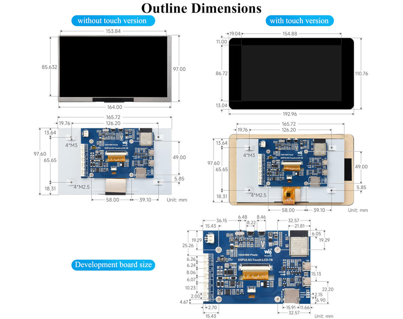 ESP32-S3 7inch Display Development Board, ESP32 with Display 1024×600, 32-bit LX7 Dual-Core Processor, Supports WiFi & BT, with Onboard Antenna, Backlight Adjustable, Multiple Peripheral Interfaces
