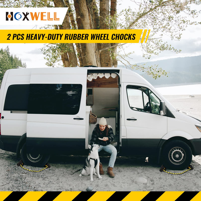 2 Pair Rubber Heavy Duty Dual Wheel Chocks Front and Back, RV Leveling Blocks Non Slip Base with Nylon Rope Yellow Reflective Tape for Travel Trailers, Car, Camper, Truck (4 Pack) 2 PAIR