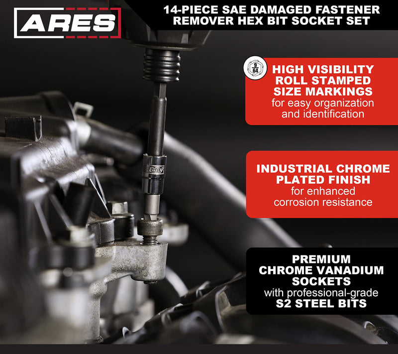 ARES 31006 – 14-Piece SAE Damaged Fastener Remover Hex Bit Socket Set – Premium Steel Bit Sockets Remove Heavily Rounded and Stripped Fasteners – Storage Case for Protection and Portability 14-Piece Hex Bit Socket Set