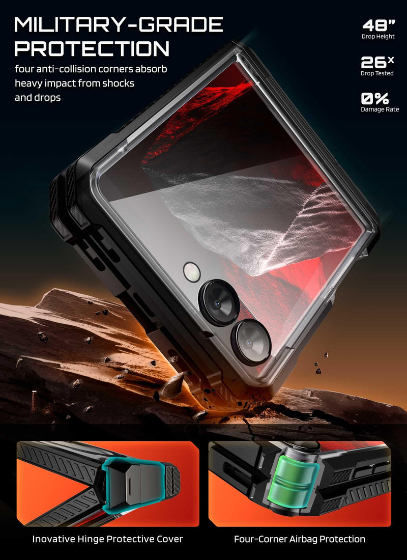 SUPCASE for Samsung Galaxy Z Flip 8 Case with Built-in Kickstand, Black | Front Screen Protector, Translucent PC Backplate, Hinge Protection, Support MagSafe, Strong Magnetic, Unicorn Beetle Grip