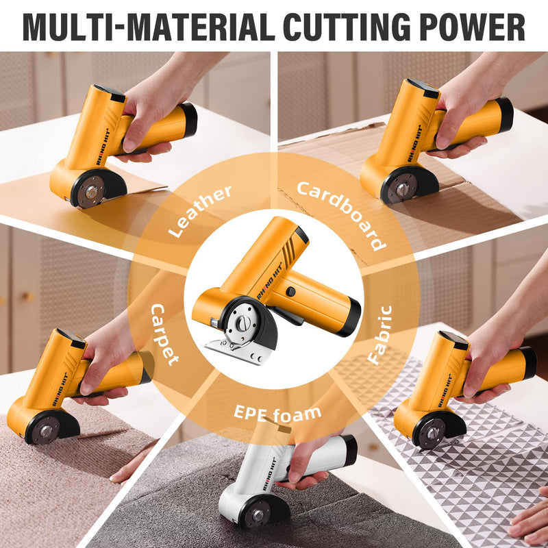 Cordless Electric Scissors, Rechargeable Rotary Cardboard Cutter with LED Light & Safety Lock, 4-Speed Adjustable, 3 Blades for Fabric, Carpet, Leather & Carton, with Storage Case(yellow) Yellow