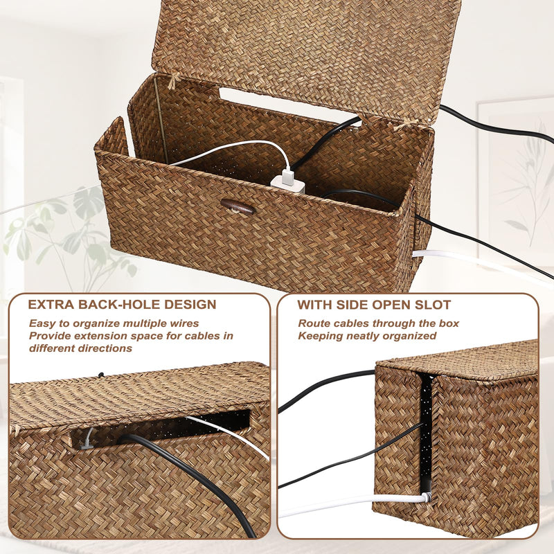 BTSKY Woven Cable Management Box with Lid, Seagrass Cord Organizer with 2 Open Slots for Power Strips & USB Hubs, Under Desk Cord Hider Box for Home Office, Pet Proofing Wire Basket, Large Coffee