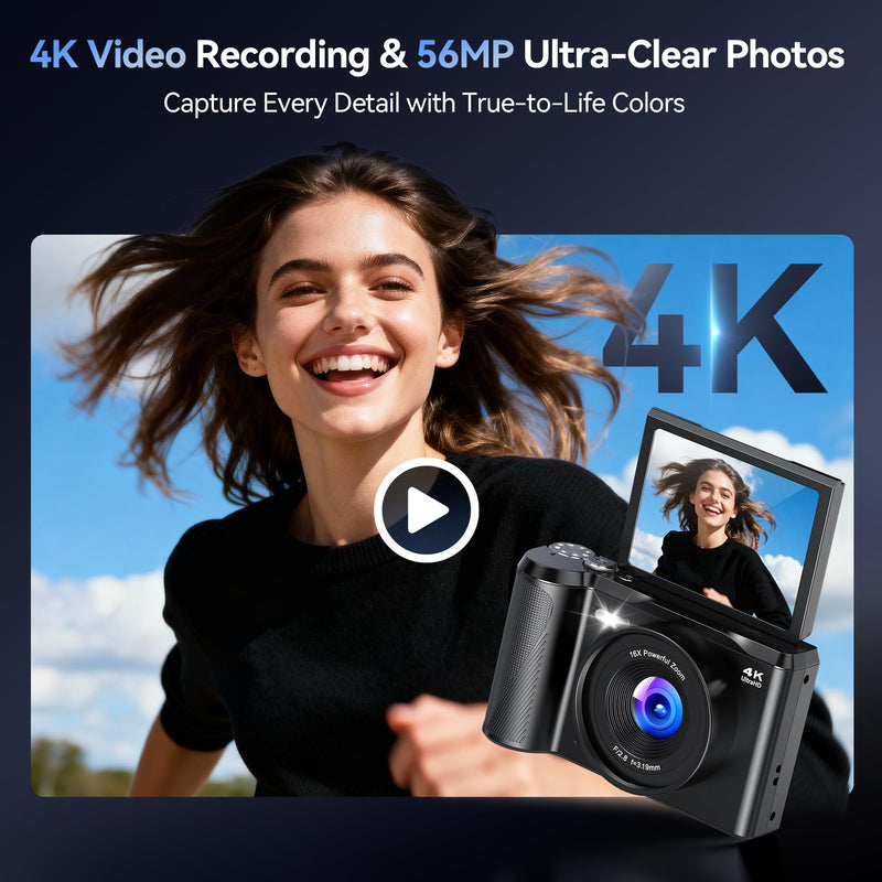 Digital Camera 4K for Photography Vlogging: 56MP Cameras with Mode Dial for Video - 16X Zoom Photo Camera Gifts for Teens Ages 8-16 - 180°Flip Screen Compact Cámara - Point and Shoot Digital Cameras