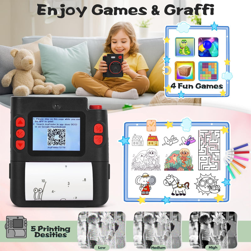 Kids Camera Instant Print, 1080P HD Dual-Lens Selfie Digital Camera with 5 Printing Paper Rolls & 32G TF Card, for Children, Portable Toddler Toy for Age 3-12 Boys & Girls (Black) Black