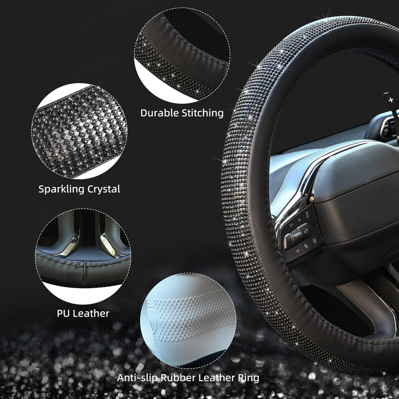  [AUSTRALIA] - New Diamond Leather Steering Wheel Cover with Bling Bling Crystal Rhinestones, Universal Fit 15 Inch Car Wheel Protector for Women Girls,Black Diamond Black Diamonds Standard Size[14"1/2-15"]