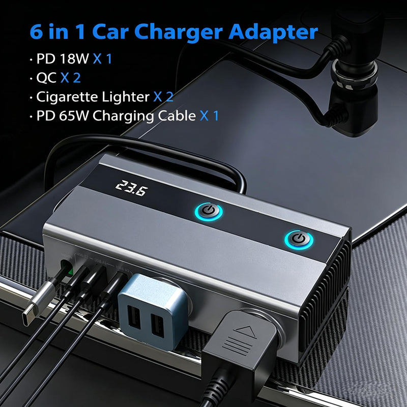6-in-1 Cigarette Lighter Splitter, 65W PD Fast Charging, 120W Total Output, Two 12V Sockets, Retractable USB-C Cable, Battery Monitor, Trickle Charge, 1M Extension Cable for Front & Rear Charging