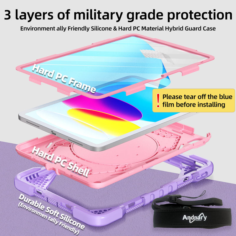 Case for iPad (A16) 11th Generation 11 inch 2025/10th Generation 10.9 inch 2022, Shockproof Cover with Screen Protector/360° Rotate Handle/Bracket/Pen Holder/Shoulder Strap (Purple+Pink) Purple+Pink