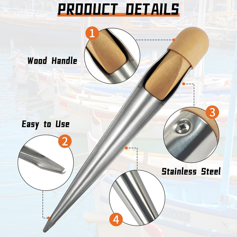 Boat Rope Splicing Tool Stainless Steel Rope Splicing Spike FID with Wood Handle for Rope Line Wire Diameter 1/8" 1/2" 1" Small+Large