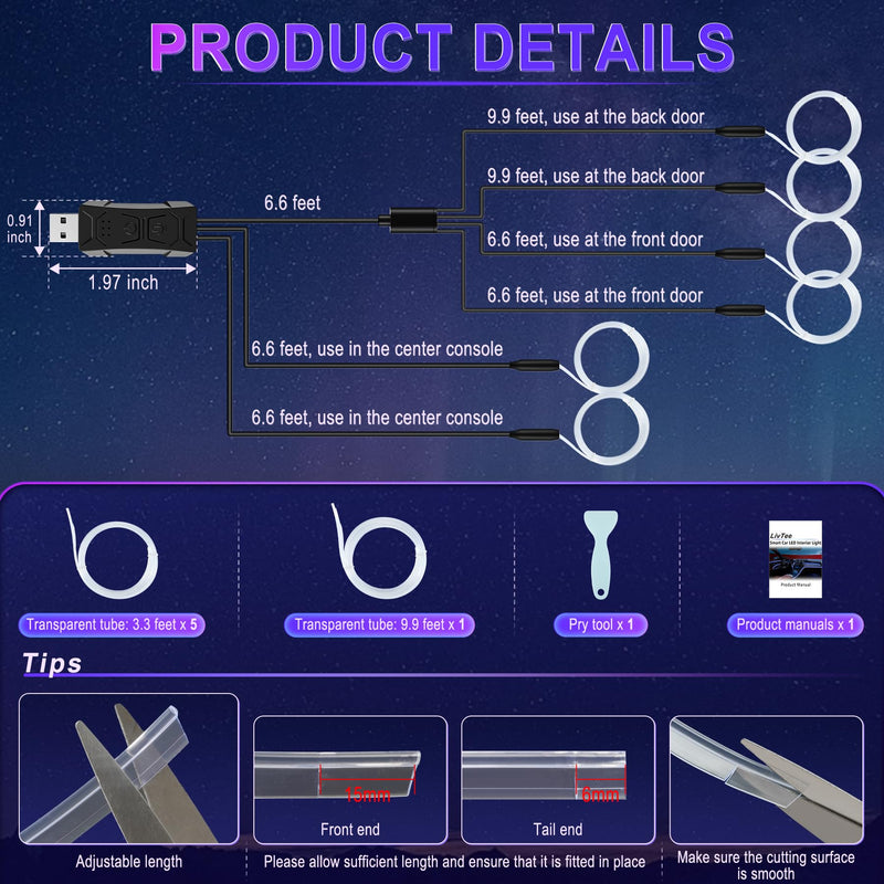 LivTee Smart LED Car Lights Interior with USB Port, LED Strip Fiber Optic Ambient Lighting Car, Wireless App Control, Sync to Music, Car Decorations Interior Accessories Gifts for Women Men, 6 in 1 Fiber Optic Lights(1-to-6)