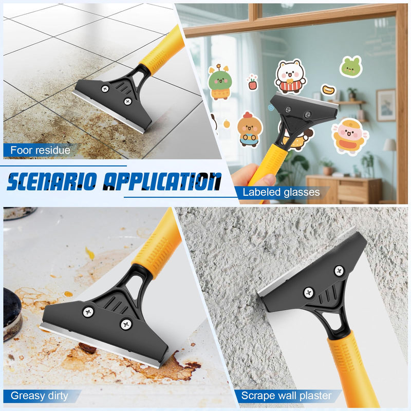 Floor Scraper Heavy Duty with Long Handle, 4 Inch Razor Blade Floor Scraper with 10PCS Extra Metal Blades,Paint Scrapers for Cleaning Wall Glass Tile Floor Paint Gum Stains Stickers Linoleum Yellow
