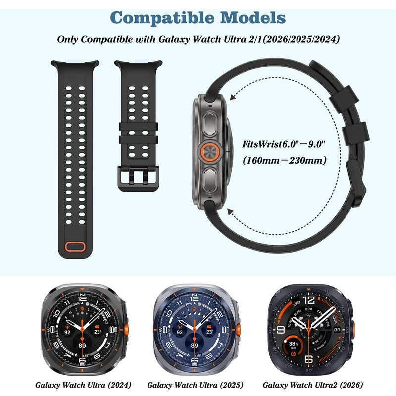 Bands Compatible with Samsung Galaxy Watch Ultra 2 (2026) | No Gap Breathable Waterproof Silicone Marine Sport Bands Strap for Galaxy Watch Ultra 2 /1 Band 2026/2025/2024 for Men Women Black