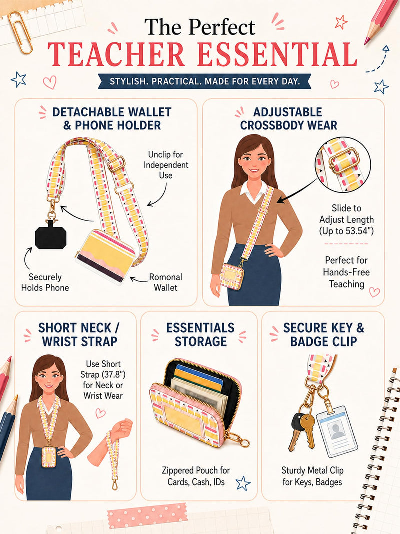 Woanger Teacher Phone Crossbody Lanyard with Wallet Pouch, Adjustable Clip Cell Phone Lanyard Back to School Teacher Gift Pencil